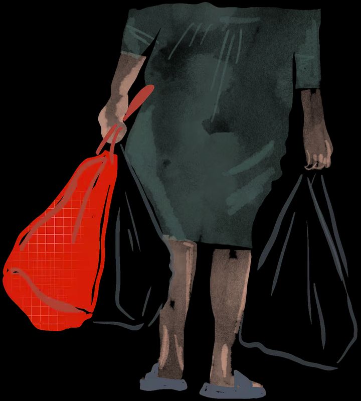 Ilustrace, žena nese tašky s nákupem