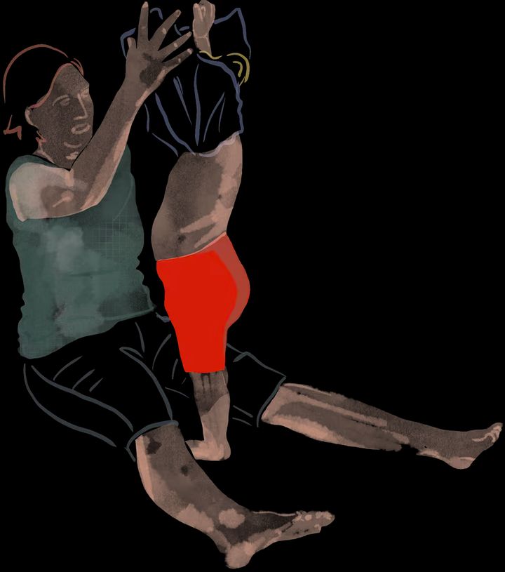 Ilustrace, žena svléká dítě