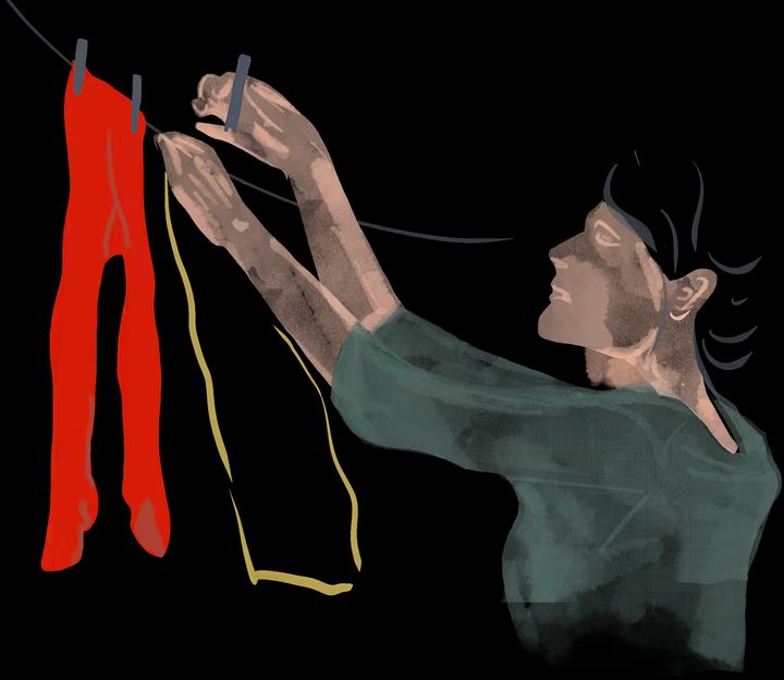 Ilustrace, žena věší prádlo